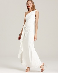Artful draping lends itself to the Grecian theme of this Max & Cleo one-shoulder gown, punctuated with a single intricately braided shoulder strap. Artful draping lends itself to the Grecian theme of this Max & Cleo one-shoulder gown, punctuated with a single intricately braided shoulder strap.