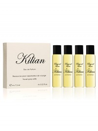 An incandescent tuberose, with narcotic charms. A travel spray for men and women. A magnetic object, literally. A monolith engraved with the Achilles' shield, signature of L'Oeuvre noire collection. As always, the travel spray is refillable to travel with your favorite Kilian fragrance. A set with 4 refills, 0.25 oz. each. An incandescent tuberose, with narcotic charms. A travel spray for men and women. A magnetic object, literally. A monolith engraved with the Achilles' shield, signature of L'Oeuvre noire collection. As always, the travel spray is refillable to travel with your favorite Kilian fragrance. A set with 4 refills, 0.25 oz. each.