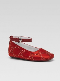 Shiny satin is adorned with studded GG pattern and an adjustable leather ankle strap.Adjustable buckle ankle strapSatin and leather upperLeather liningLeather soleMade in Italy Shiny satin is adorned with studded GG pattern and an adjustable leather ankle strap.Adjustable buckle ankle strapSatin and leather upperLeather liningLeather soleMade in Italy