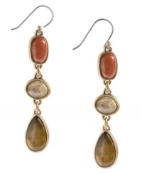 Three's the magic number. These Lucky Brand earrings feature semi-precious tiger's eye stones set in gold tone mixed metal. Approximate drop: 2-1/4 inches.