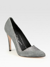 Add some sparkle with this suede point toe pump mixed with glittery fabric. Suede-covered heel, 4½ (115mm)Suede and glitter-coated fabric upperPoint toeLeather lining and solePadded insoleImported Add some sparkle with this suede point toe pump mixed with glittery fabric. Suede-covered heel, 4½ (115mm)Suede and glitter-coated fabric upperPoint toeLeather lining and solePadded insoleImported