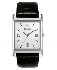 A fine watch with timeless charm, by Bulova. Black croc-embossed leather strap and rectangular stainless steel case. White dial with silvertone stick indices, sweeping second hand, logo, date window and roman numerals at three o'clock and nine o'clock. Quartz movement. Water resistant to 30 meters. Three-year limited warranty. A fine watch with timeless charm, by Bulova. Black croc-embossed leather strap and rectangular stainless steel case. White dial with silvertone stick indices, sweeping second hand, logo, date window and roman numerals at three o'clock and nine o'clock. Quartz movement. Water resistant to 30 meters. Three-year limited warranty.