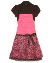 Layer up. With a ruched bodice and pleated skirt, she'll have no shortage of rich ruffles on this animal print shrug dress from BCX. Layer up. With a ruched bodice and pleated skirt, she'll have no shortage of rich ruffles on this animal print shrug dress from BCX.