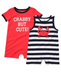 You'll want to pinch his cute cheeks when he's sporting one of these darling rompers from this Carter's 2-pack. You'll want to pinch his cute cheeks when he's sporting one of these darling rompers from this Carter's 2-pack.