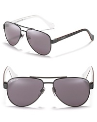 With a cool gray hue, metal frame and a classic silhouette, these sunglasses from Gucci offer a fab dash of so-cool - and 100% protection against UV rays. With a cool gray hue, metal frame and a classic silhouette, these sunglasses from Gucci offer a fab dash of so-cool - and 100% protection against UV rays.