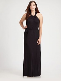 Fit for a goddess, this jersey maxi dress features a feminine, halter neckline. You will find the self-tie belt beyond flattering as it defines your waist.Halter necklinePull-on styleSelf-tie beltCord endsAbout 58 from shoulder to hem95% modal/5% elastaneHand washImported