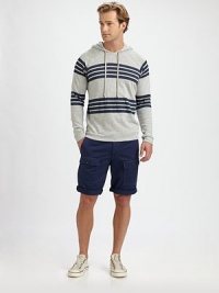 Strategic stripes add snap to this soft, slub-knit cotton sweatshirt, destined to become your favorite weekend topper.Drawstring hoodPullover stylingRaglan sleevesBanded cuffs and hemCottonMachine washImported