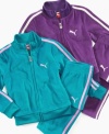 Set her up for some serious playtime in this comfortable and sporty active jacket and pant set from Puma.