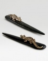 A gleaming goldplated brass croc rests atop a solid African jade letter opener.9 longImported