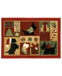It's a very scottie Christmas with this charming holiday rug from Shaw! Three spirited doggies adorn the rug, accented by irresistible seasonal treats like candy canes and beautifully wrapped gifts. Constructed of recyclable nylon, the rug adds a wonderful look to your decor without the extra impact on mother nature. It's a very scottie Christmas with this charming holiday rug from Shaw! Three spirited doggies adorn the rug, accented by irresistible seasonal treats like candy canes and beautifully wrapped gifts. Constructed of recyclable nylon, the rug adds a wonderful look to your decor without the extra impact on mother nature.