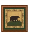 Redecorate your living room like a cozy lodge with Folk Bear by Warren Kimble. A lone bear surrounded by pine cones, a forest-green mat and dark wood frame creates a look of rustic charm.