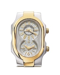 A beautifully constructed watch head from Philip Stein, featuring double quartz analog display with sapphire coating and white and yellow gold accents. A beautifully constructed watch head from Philip Stein, featuring double quartz analog display with sapphire coating and white and yellow gold accents.