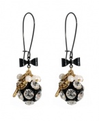 Dare to be dramatic. Bold drop earrings by Betsey Johnson combine sparkling crystal-coated fireballs, mini key and glass stone charms with black ribbon accents. Crafted in gold tone and black-plated mixed metal. Approximate drop: 2-1/2 inches.