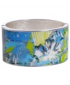 Infuse your look with the bold colors and exotic prints of Brasil. Crafted in silver tone mixed metal Haskell's Palm bangle features blue and green palm leaf details and a hinge clasp. Approximate diameter: 2-1/2 inches. Approximate length: 8 inches. Item comes packaged in a green gift box.