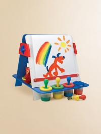Double-sided easel has chalkboard on one side and wipe-off board on the other. Simple, modern design assembles easily with no tools, no hinges and no small parts. Includes 12 X 100' paper roll, 4 non-spill paint cups, 4 easy-grip brushes and removable storage tray in the base. Suitable for age 3 and up Easy assembly 14½W X 16H X 19½D Imported Double-sided easel has chalkboard on one side and wipe-off board on the other. Simple, modern design assembles easily with no tools, no hinges and no small parts. Includes 12 X 100' paper roll, 4 non-spill paint cups, 4 easy-grip brushes and removable storage tray in the base. Suitable for age 3 and up Easy assembly 14½W X 16H X 19½D Imported