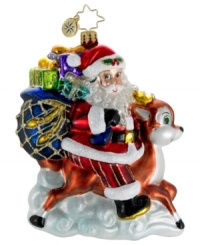 Santa and Vixen ditch the sleigh, making excellent time despite a bag full of gifts if this whimsical ornament, featuring the brilliant glass and extraordinary detail of Christopher Radko. Santa and Vixen ditch the sleigh, making excellent time despite a bag full of gifts if this whimsical ornament, featuring the brilliant glass and extraordinary detail of Christopher Radko.