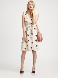 A whimsical bird print flocks this charming full-skirted frock in fine silk crepe-de-chine.ScoopneckExtended shouldersButton-down frontSelf-beltSlightly gathered backAbout 24 from natural waistSilkDry cleanImportedModel shown is 5'11 (180cm) wearing US size Small. A whimsical bird print flocks this charming full-skirted frock in fine silk crepe-de-chine.ScoopneckExtended shouldersButton-down frontSelf-beltSlightly gathered backAbout 24 from natural waistSilkDry cleanImportedModel shown is 5'11 (180cm) wearing US size Small.
