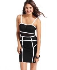 Play your hot-girl card in this party dress from XOXO! Boasts a network of contrast-color piping -- plus a sexy, mesh inset at the chest! Play your hot-girl card in this party dress from XOXO! Boasts a network of contrast-color piping -- plus a sexy, mesh inset at the chest!