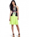 BCBGMAXAZRIA Women's Sahara Print Pleat Color Block Dress, Neon Yellow, 0