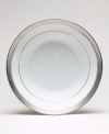 The Crestwood Platinum dinnerware and dishes collection from Noritake features white china embellished with a border of interlocking scrolled leaves and an edge of polished platinum.