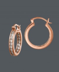 Get everlasting style in a sweet kiss of caramel. B. Brilliant's trendy 14k rose gold over sterling silver hoop earrings feature a click backing and dozens of bezel-set, round-cut cubic zirconias (1-1/3 ct. t.w.). Approximate diameter: 1/2 inch. Get everlasting style in a sweet kiss of caramel. B. Brilliant's trendy 14k rose gold over sterling silver hoop earrings feature a click backing and dozens of bezel-set, round-cut cubic zirconias (1-1/3 ct. t.w.). Approximate diameter: 1/2 inch.