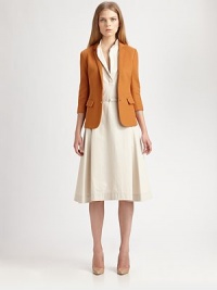 A refined take on a menswear-inspired classic, this chic jacket is tailored for a slim, flattering fit.Narrow notched lapelsButton frontThree-quarter sleevesFlap pocketsAbout 24 from shoulder to hemCottonDry cleanMade in USA of Italian fabricModel shown is 5'10 (177cm) wearing US size 2. A refined take on a menswear-inspired classic, this chic jacket is tailored for a slim, flattering fit.Narrow notched lapelsButton frontThree-quarter sleevesFlap pocketsAbout 24 from shoulder to hemCottonDry cleanMade in USA of Italian fabricModel shown is 5'10 (177cm) wearing US size 2.