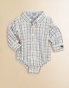 A grown-up dress shirt designed for your little one in soft cotton plaid twill with a snap bottom to keep it in place.Button-down collarButton placketLong sleeves with button cuffs, one with horse embroideryElasticized leg openingsSnap bottomCottonMachine washImported Please note: Number of buttons may vary depending on size ordered. 