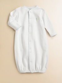 This soft cotton gown with embroidery can be converted to legs. Picot trim Front snaps Cotton; machine wash Imported This soft cotton gown with embroidery can be converted to legs. Picot trim Front snaps Cotton; machine wash Imported