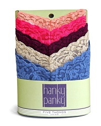 A five pack of Hanky Panky's signature soft stretchy original thong threaded with ultra-thin elastic fibers that provide hip-hugging support. A five pack of Hanky Panky's signature soft stretchy original thong threaded with ultra-thin elastic fibers that provide hip-hugging support.