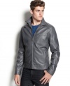 Never a waist. This shortened version of a sleek moto-inspired jacket from Kenneth Cole raises your style.