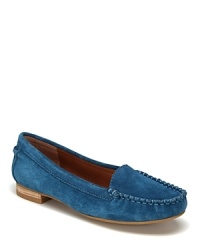 Blue suede enlivens a streamlined driving moc perfect to pair with denim. Blue suede enlivens a streamlined driving moc perfect to pair with denim.