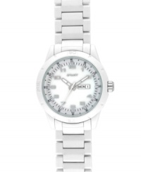 Cool, crisp white and 100% approved by Mother Earth. This eco-friendly watch by Sprout is crafted from a white corn resin bracelet and round case with mineral crystal. White pearlized corn resin bezel embossed with numerals and markers. Genuine white mother-of-pearl dial features applied nickel numerals, printed minute track, day and date window at three o'clock, nickel hour and minute hands with luminous tips, nickel sweeping second hand and logo. Quartz movement. Limited lifetime warranty. Cool, crisp white and 100% approved by Mother Earth. This eco-friendly watch by Sprout is crafted from a white corn resin bracelet and round case with mineral crystal. White pearlized corn resin bezel embossed with numerals and markers. Genuine white mother-of-pearl dial features applied nickel numerals, printed minute track, day and date window at three o'clock, nickel hour and minute hands with luminous tips, nickel sweeping second hand and logo. Quartz movement. Limited lifetime warranty.