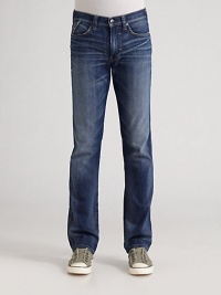 Essential casual comfort in gently distressed, slightly worn-in denim with a slim fit. Five-pocket style Zip fly Inseam, about 33 98% cotton/2% elastene; machine wash Imported Essential casual comfort in gently distressed, slightly worn-in denim with a slim fit. Five-pocket style Zip fly Inseam, about 33 98% cotton/2% elastene; machine wash Imported