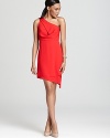 With soft, draped details, BCBGMAXAZRIA's one shoulder dress lends a vibrant look.