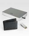 Give a gift full of style and sophistication with this set consisting of a pebbled leather wallet and money clip with logo detail, presented in an elegant gift box. LeatherOne billfold compartmentID, three credit card slotsWallet: 4¼W x 3¼HMetalMoney Clip: ¾W x 2½HImported 