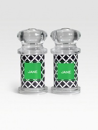 A set of transparent shakers boast curvy, modern lines to season every dish with individualized style. Salt & pepper not included Each: 5H X 2¼ diam. ImportedFOR PERSONALIZATION Select a quantity, then scroll down and click on PERSONALIZE & ADD TO BAG to choose and preview your monogramming options. Please allow 2 weeks for delivery.