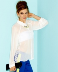 The starchy button-down gets a youthful upgrade with sheer fabric, a lace back and cool, high-low hem! From 6 Degrees. The starchy button-down gets a youthful upgrade with sheer fabric, a lace back and cool, high-low hem! From 6 Degrees.
