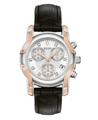 A richly handsome timepiece with understated feminine detail, by Bulova. Watch crafted of black alligator-grain leather strap and round two-tone stainless steel case. White and silver tone patterned chronograph dial features eight diamond accents at markers, date window at four o'clock, three subdials, luminous hands, logo and rose-gold tone accents. Quartz movement. Water resistant to 30 meters. Three-year limited warranty. A richly handsome timepiece with understated feminine detail, by Bulova. Watch crafted of black alligator-grain leather strap and round two-tone stainless steel case. White and silver tone patterned chronograph dial features eight diamond accents at markers, date window at four o'clock, three subdials, luminous hands, logo and rose-gold tone accents. Quartz movement. Water resistant to 30 meters. Three-year limited warranty.