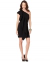 A wavy ruffle at the front and a one-shoulder silhouette makes Calvin Klein's black dress anything but basic. Play up with your favorite baubles and highest heels. (Clearance)