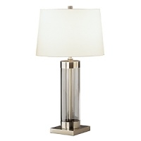 Table lamp with full range dimmer switch. Clear glass cylinder with dark antique nickel accents. Off white cotton shade with rolled edge hem. Table lamp with full range dimmer switch. Clear glass cylinder with dark antique nickel accents. Off white cotton shade with rolled edge hem.