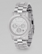 Three-link sport bracelet with round silver dial. Stainless steel chronograph 1½ diameter Analog Day/date display Second hand Hour numbers Imported