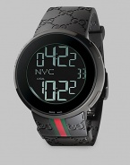 From the I-Gucci Collection. For jet setters and net surfers, a smart, sporty timepiece that lets you track two time zones at once, displaying them with digital grace. Swiss digital movement 44mm black PVD case Black embossed logo strap with signature color band Black dial with digital display, including date Water-resistant to 3ATM Imported