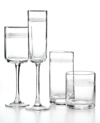 Add a splash of fresh modern to casual tables with Concentrix glassware. This set of minimalist highball glasses engraved with three simple bands adds ultra-cool style to whatever you're sipping. Add a splash of fresh modern to casual tables with Concentrix glassware. This set of minimalist highball glasses engraved with three simple bands adds ultra-cool style to whatever you're sipping.