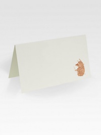 Tented place cards featuring the 'Pig That Ate Roast Beef' motif engraved in bronze metallic ink.Set of 12About 2.25 X 3.25Hand-engravedMade in USA Tented place cards featuring the 'Pig That Ate Roast Beef' motif engraved in bronze metallic ink.Set of 12About 2.25 X 3.25Hand-engravedMade in USA