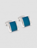 Elegant links with gleaming rhodium plating with a blue fiberglass inlay. T-bar clasp ½ X ¾ Imported