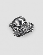 Uniquely engraved sterling silver with a detailed skull motif. About 1 X 1 Made in USA