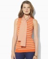 Rendered in soft jersey-knit cotton with a hint of stretch, this petite V-neck top from Lauren by Ralph Lauren embodies nautical spirit with sleek stripes and a cozy attached scarf. (Clearance)