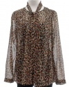 DKNY Vicuna Animal Print Chiffon Blouse Top With Neck Tie X-Small