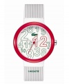 Scrambled excellence from Lacoste. Unisex Goa watch crafted of gray and white stripe silicone strap with printed logo and round white plastic case with red bezel. White dial features jumbled green and red printed numerals, cut-out hour and minute hand, red second hand, and iconic crocodile logo at twelve o'clock. Quartz movement. Water resistant to 30 meters. Two-year limited warranty.