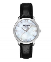 For any look, for any occasion, Tissot's Everytime watch stuns. Black leather strap and round stainless steel case. Mother-of-pearl dial features silvertone numerals at twelve, three, six and nine o'clock, stick indices and black logo. Swiss movement. Water resistant to 30 meters. Two-year limited warranty. For any look, for any occasion, Tissot's Everytime watch stuns. Black leather strap and round stainless steel case. Mother-of-pearl dial features silvertone numerals at twelve, three, six and nine o'clock, stick indices and black logo. Swiss movement. Water resistant to 30 meters. Two-year limited warranty.